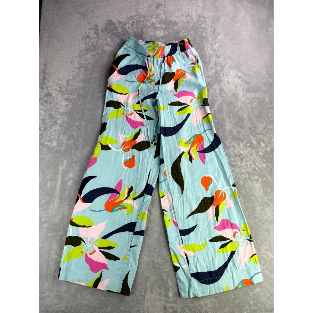 A New Day Wide-Leg Lounge Pants Women XS Blue Tropical Floral Drawstring Comfort